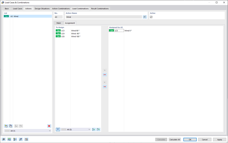 Editing Load Cases & Combinations, Actions