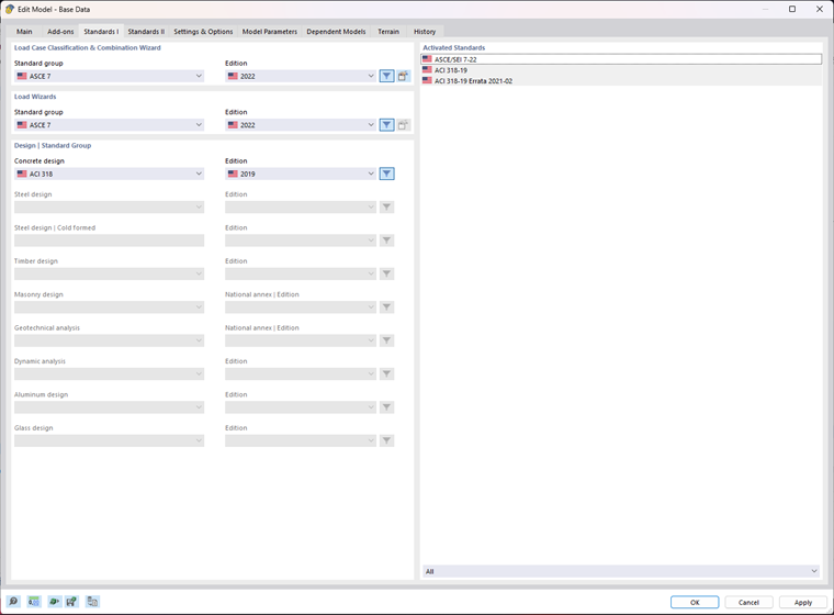 Selecting Standard and Edition for Concrete Design