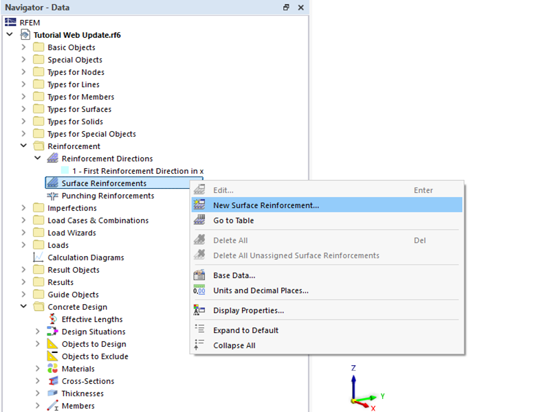Shortcut Menu "Surface Reinforcements"