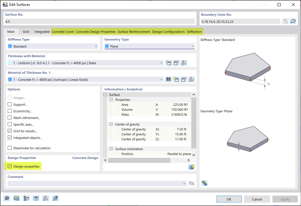 Design Properties Activated for Slabs with Extra Tabs