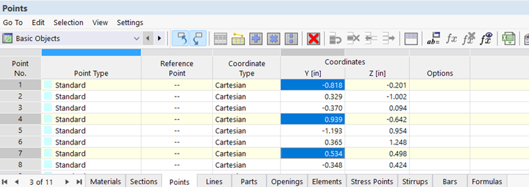 Table "Points" with Selected Cells