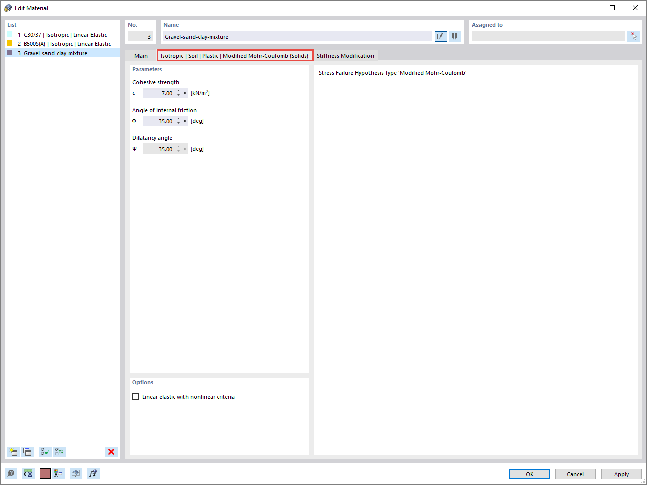 Defining Parameters for Material Model