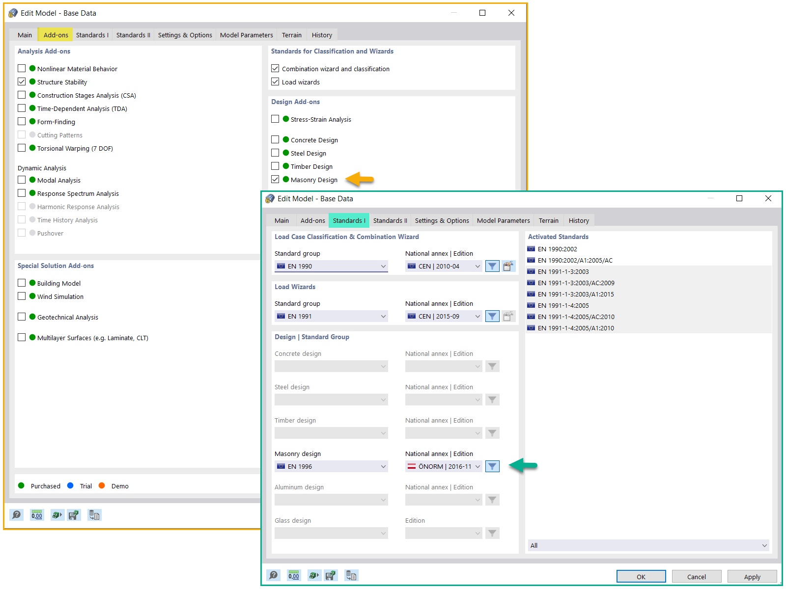 Activating Masonry Design Add-on and Selecting Design Standard