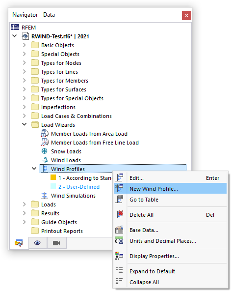 Wind Profiles and Shortcut Menu