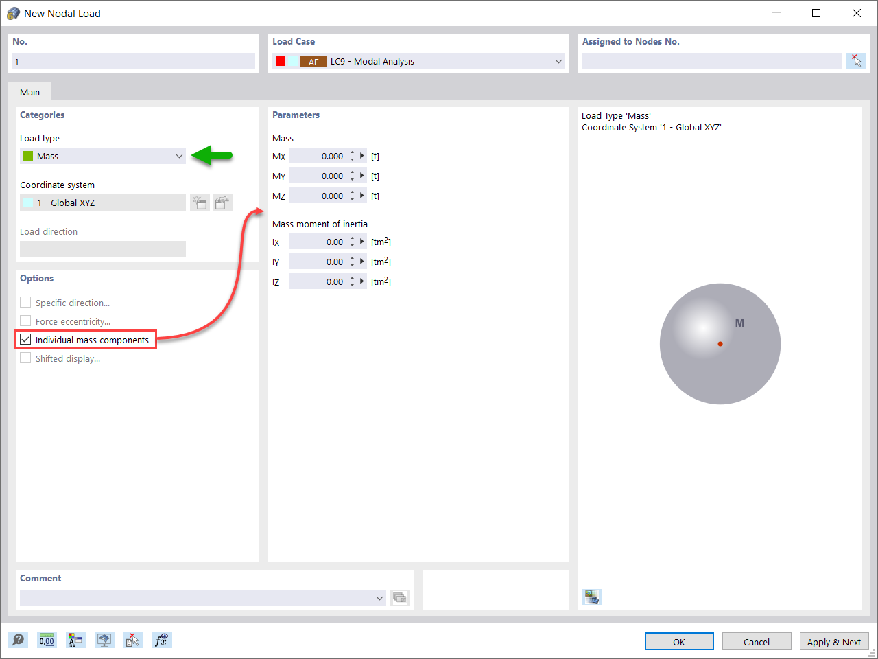 New Nodal Load – Load Type Mass