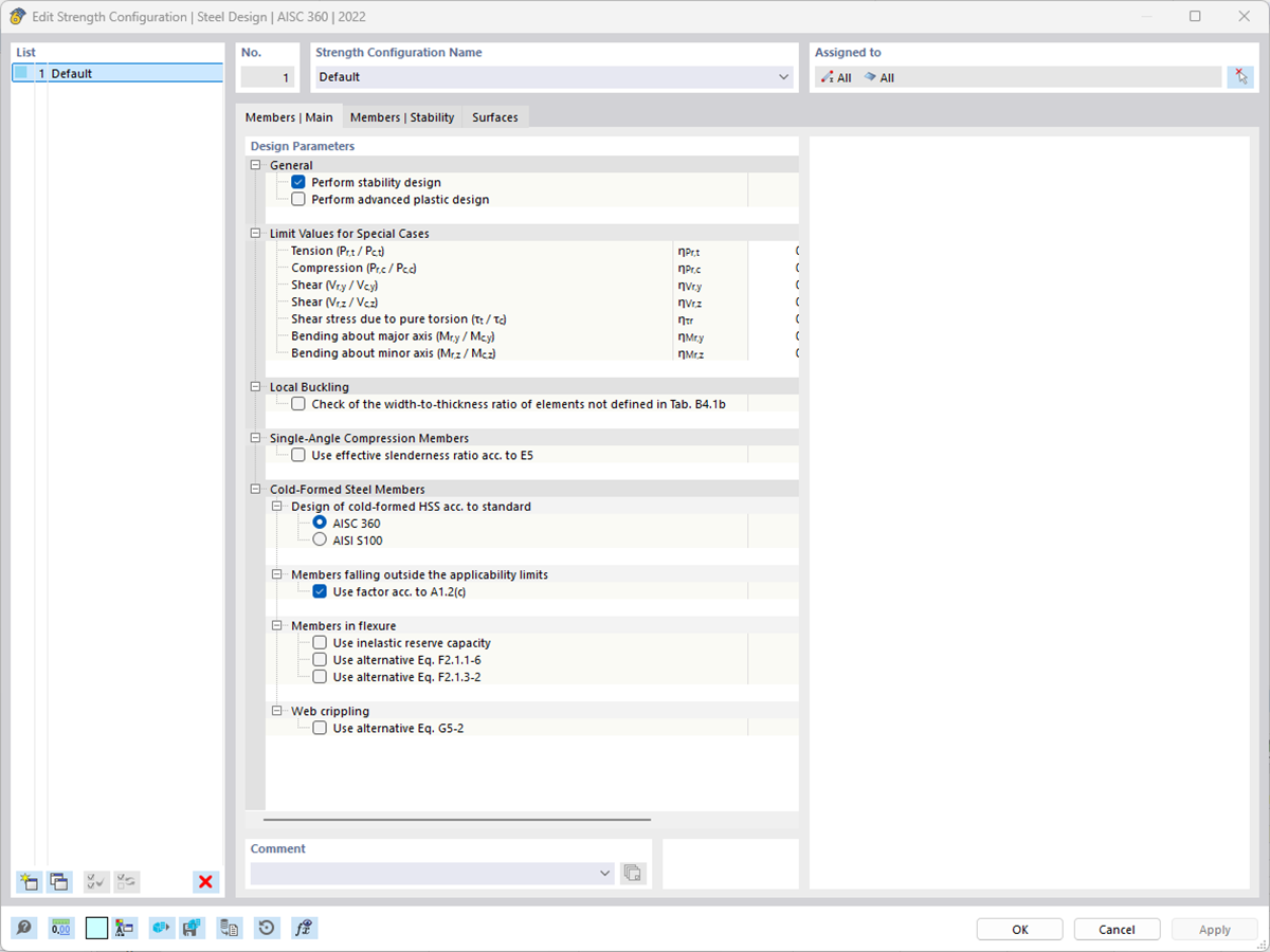 'Main' Settings of Strength Configuration for Steel Design