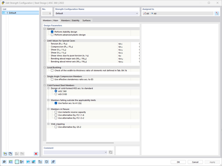 'Main' Settings of Strength Configuration for Steel Design