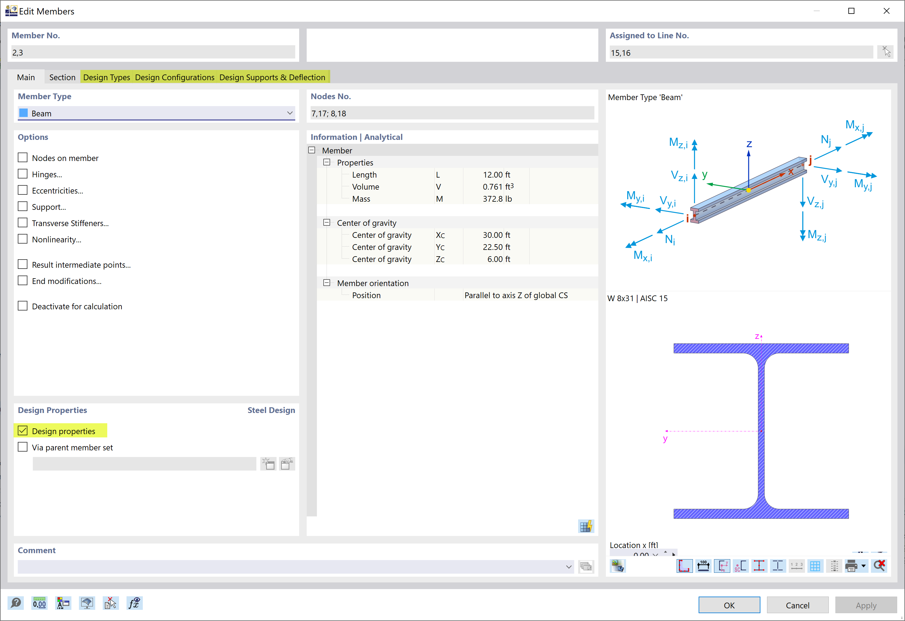Design Properties Activated for Columns