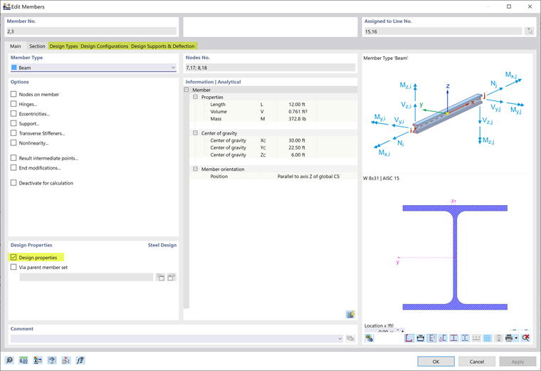 Design Properties Activated for Columns