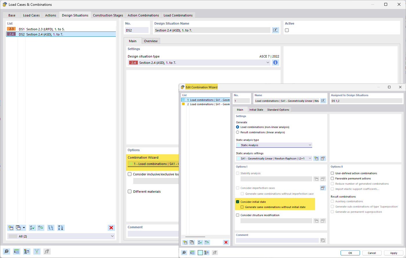 Specifying Initial State in Combination Wizard