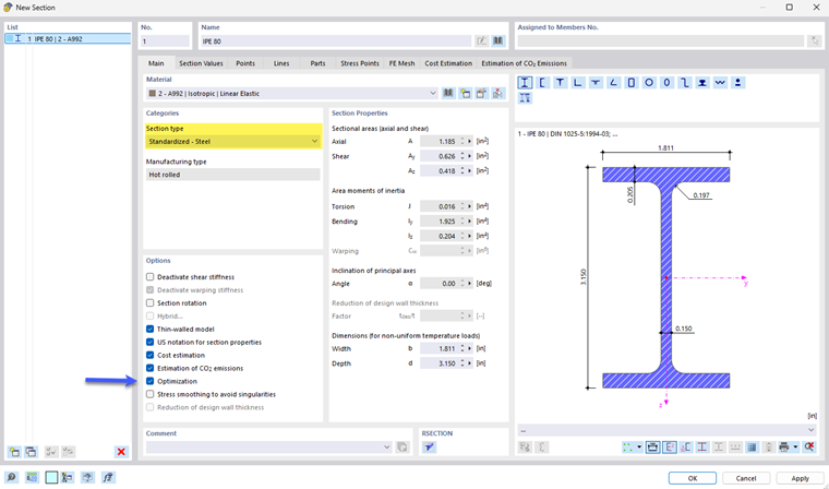 Select cross-section series for more efficient structuring and optimization of the model.