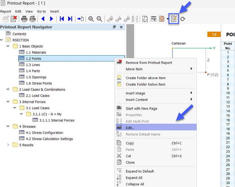 Button and Shortcut Menu "Edit Printout Report"