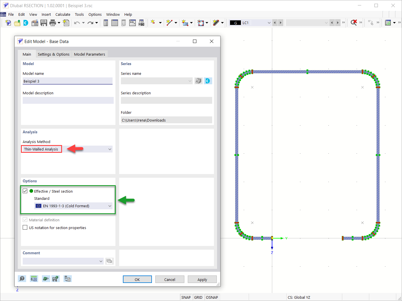Selecting Thin-Walled Analysis Method in Base Data