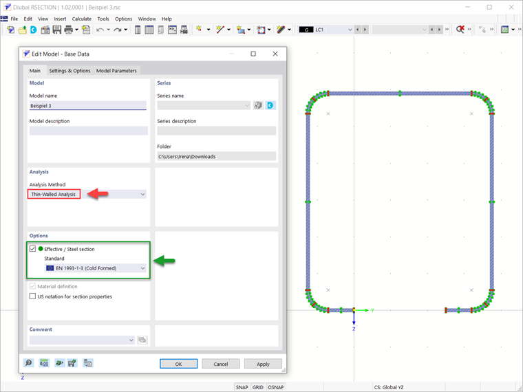 Selecting Thin-Walled Analysis Method in Base Data