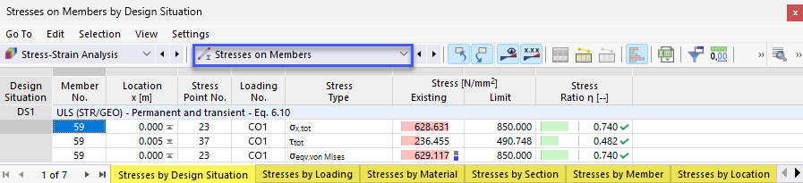Result Tables "Stresses on Members" for Stress-Strain Analysis