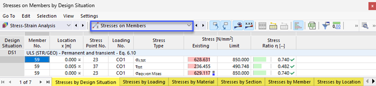 Result Tables "Stresses on Members" for Stress-Strain Analysis