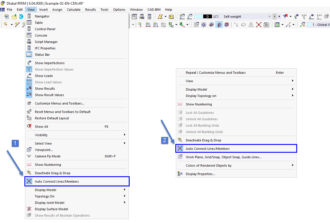 Function "Auto Connect Lines/Members" in Menu (1) and General Shortcut Menu (2)