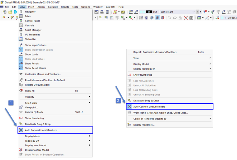 Function "Auto Connect Lines/Members" in Menu (1) and General Shortcut Menu (2)