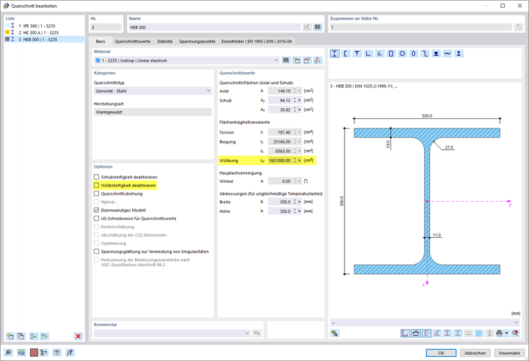 Editing Cross Section – Options with Activated Warping Torsion Add-on (7 Degrees of Freedom)