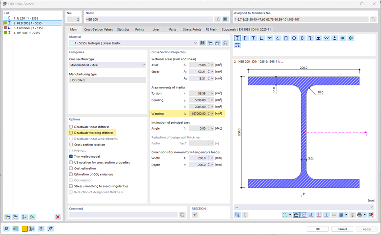 Editing Section – Options with Activated Warping Torsion (7 DOF) Add-on