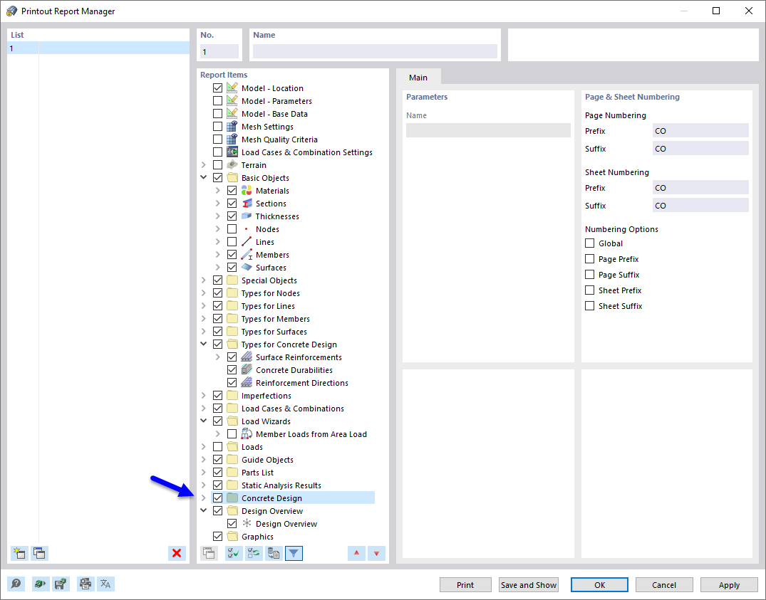 Activating 'Concrete Design' Data in Printout Report Manager