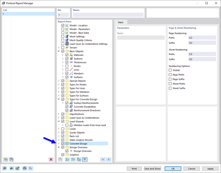 Activating 'Concrete Design' Data in Printout Report Manager