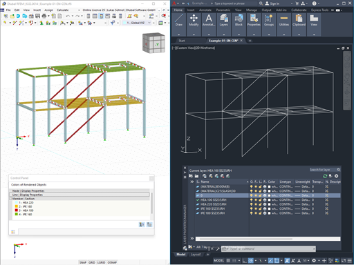 Transfer of RFEM Cross-Sections (left) to Separate Layers in Autodesk AutoCAD (right)