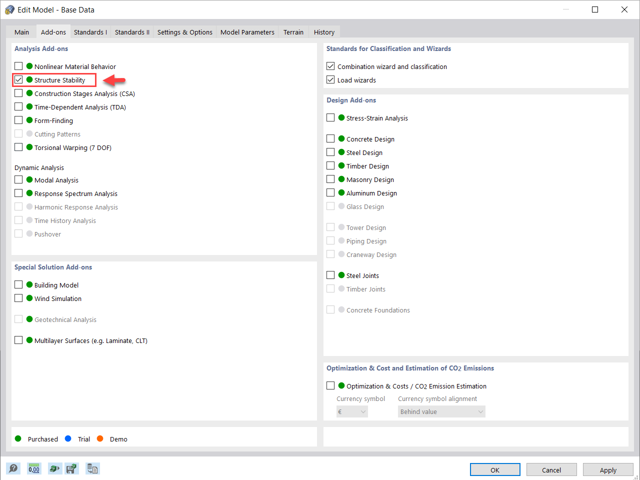Activation of Structure Stability Add-on