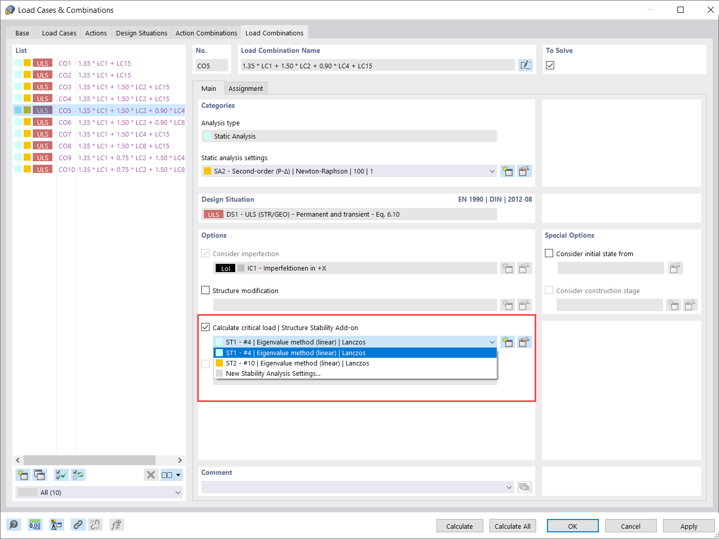 Option "Calculate Critical Load" in Load Combination