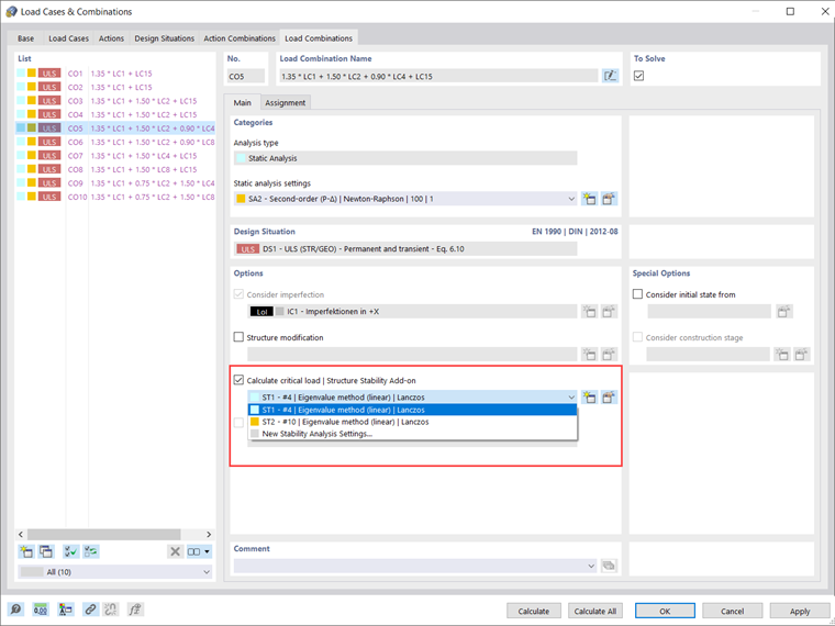 Option "Calculate Critical Load" in Load Combination
