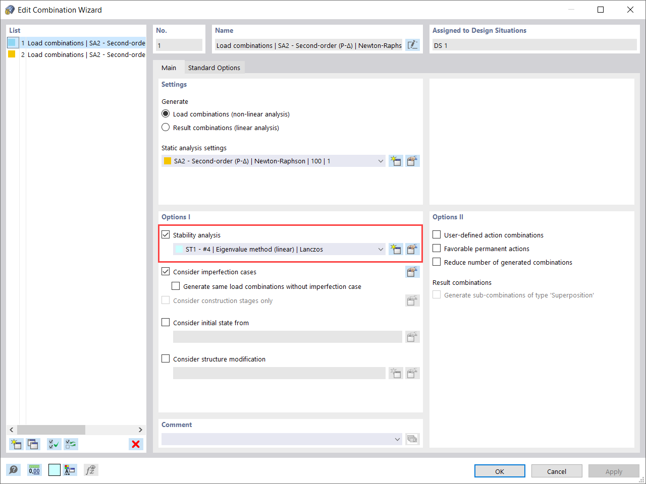 Activation of Stability Analysis in Combination Wizard