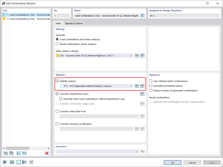 Activation of Stability Analysis in Combination Wizard