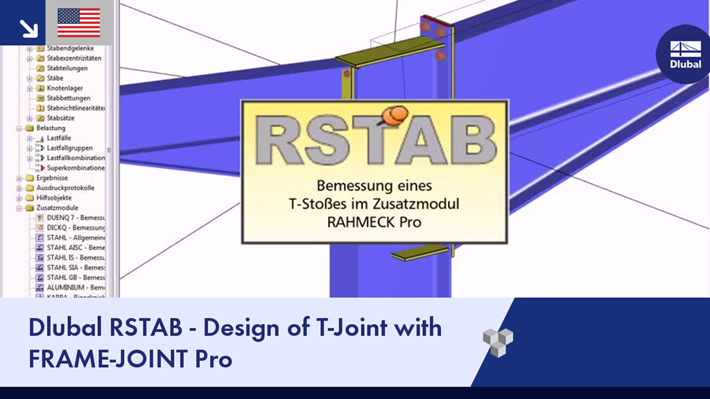 The software interface shows the RSTAB program with the "Frame-Joint Pro" add-on module on the screen, with menus and dialog boxes in a graphical user interface layout.