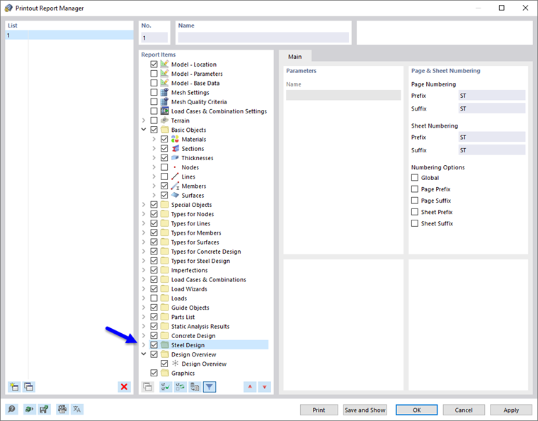 Activating 'Steel Design' Data in Printout Report Manager
