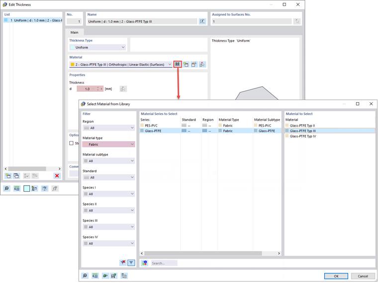 Edit Thickness and Select Material