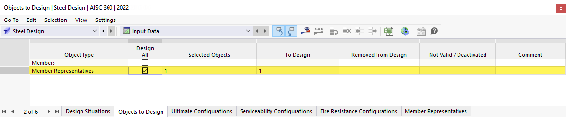 Input Table for Objects to Design in Steel Design | Representatives