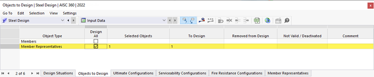 Input Table for Objects to Design in Steel Design | Representatives