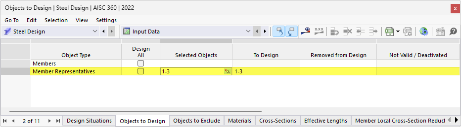 Input table for objects to design in Steel Design | Representatives