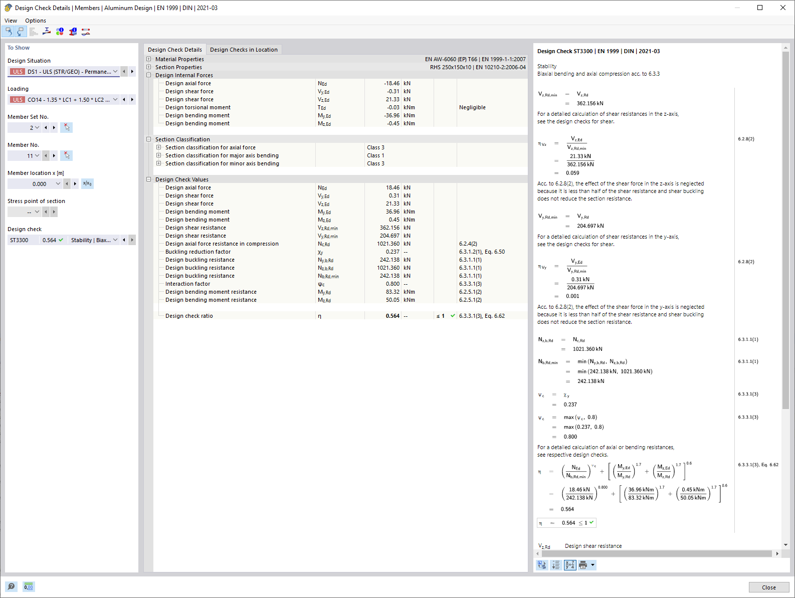 Display of design check details for members in aluminum design and serviceability limit state design.