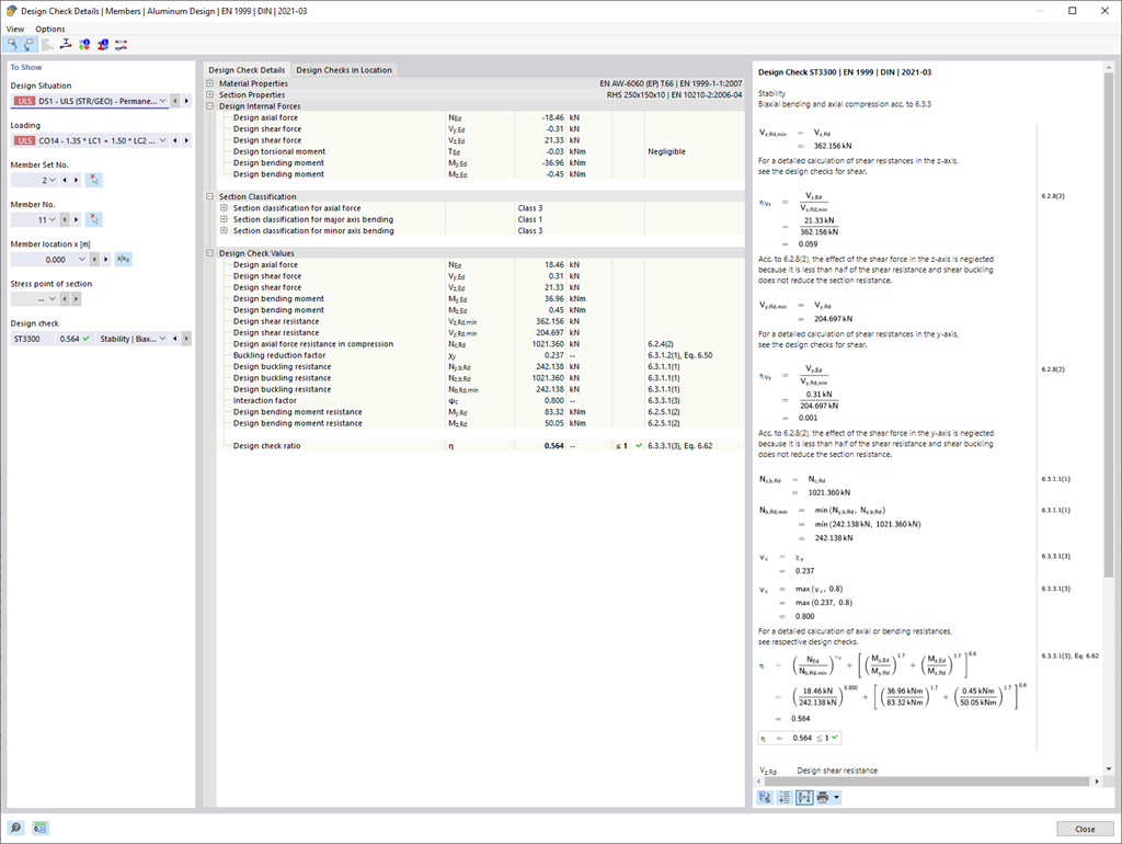 Display of design check details for members in aluminum design and serviceability limit state design.