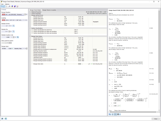 Display of design check details for members in aluminum design and serviceability limit state design.
