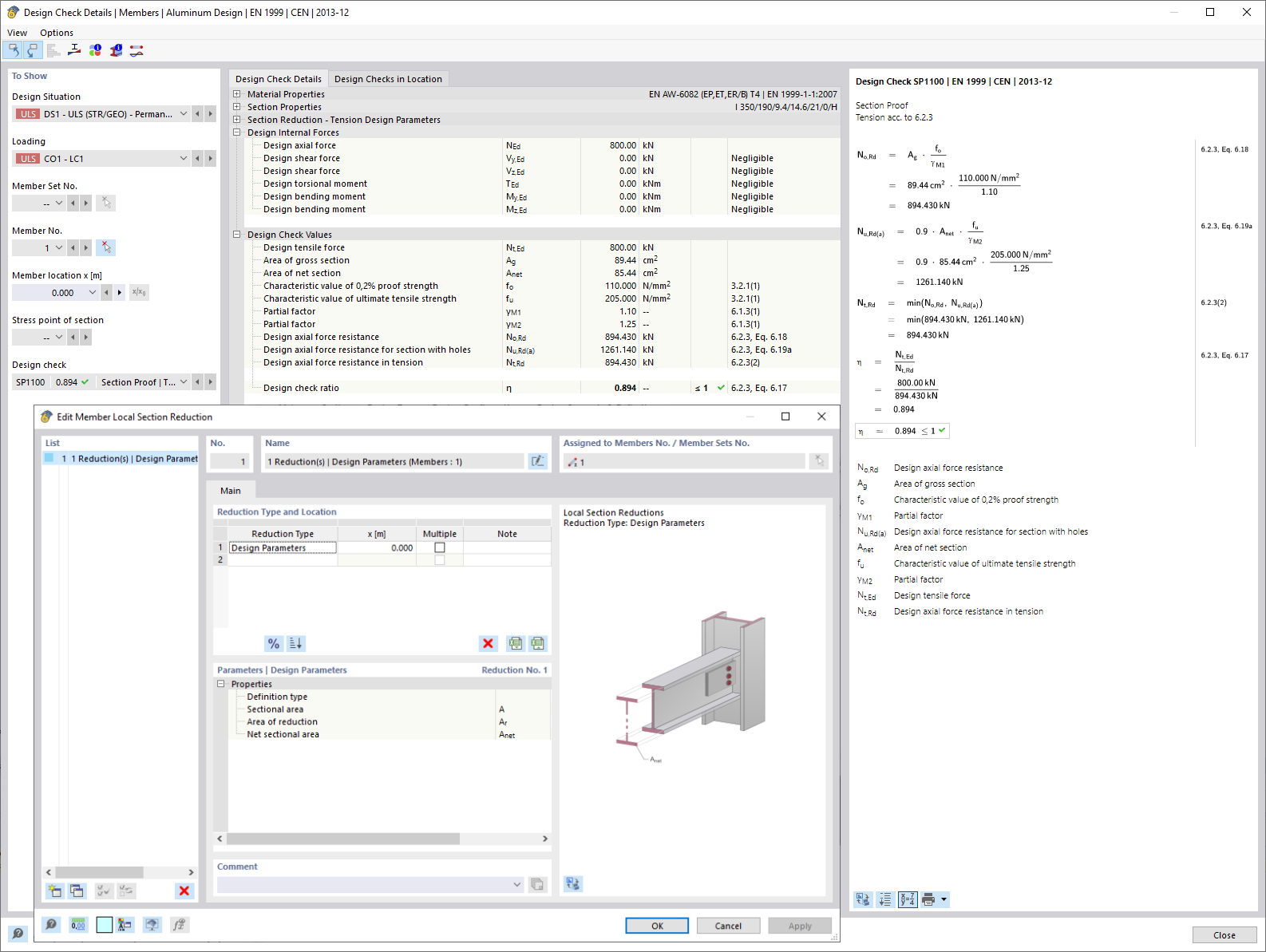 Analysis of tension connections in metal structures with reduced cross-sectional areas due to bolt holes.