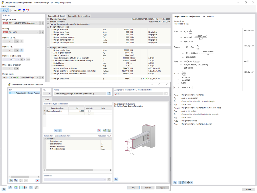 Analysis of tension connections in metal structures with reduced cross-sectional areas due to bolt holes.