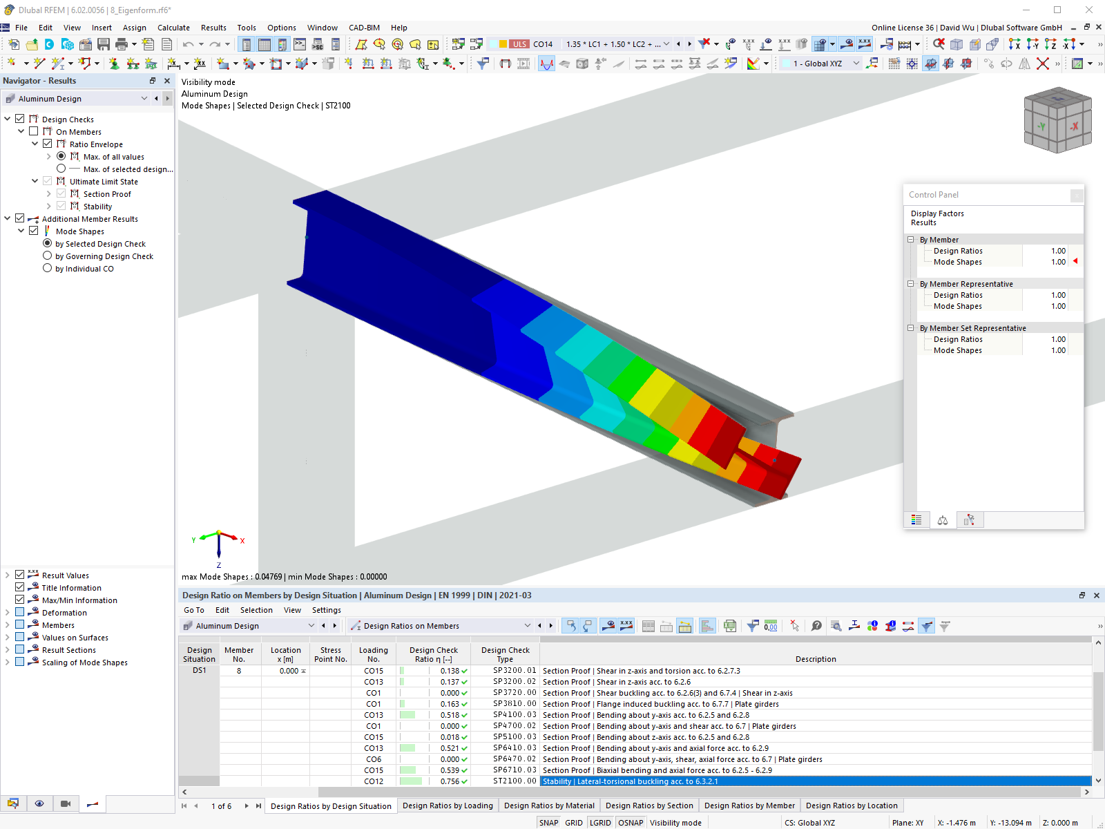 Eigenmode diagram for determining the lateral-torsional buckling analysis. Use of internal eigenvalue solver for critical load factor.