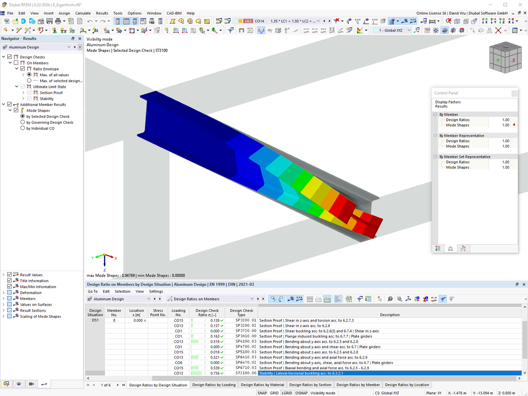 Eigenmode diagram for determining the lateral-torsional buckling analysis. Use of internal eigenvalue solver for critical load factor.
