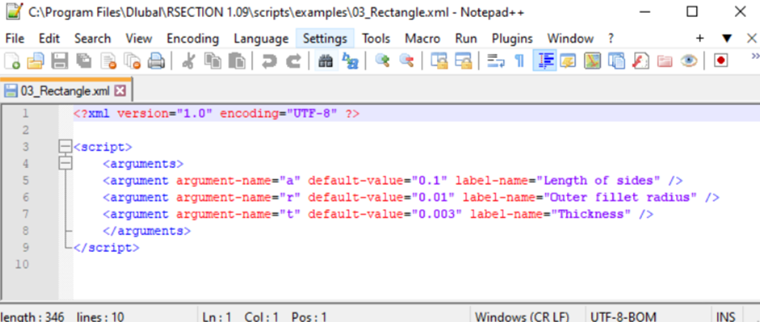 XML Script of Input Window