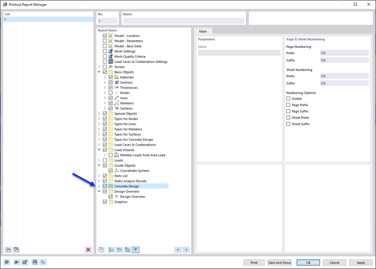 Activating 'Concrete Design' Data in Printout Report Manager