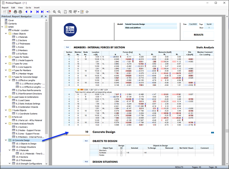 "Concrete Design" Data in Printout Report