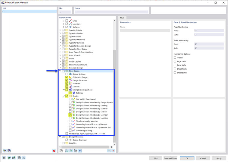 Activating 'Steel Design' Data in Printout Report Manager