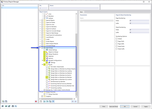 Activating 'Steel Design' Data in Printout Report Manager